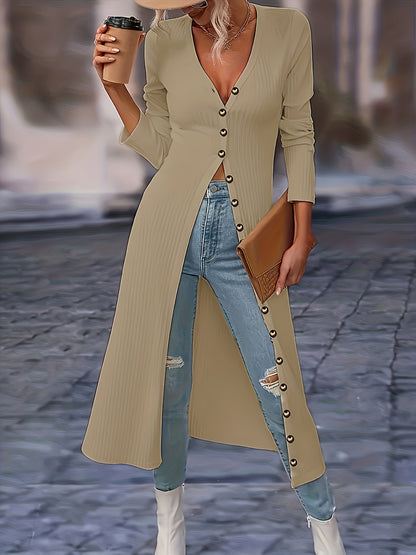 Women's Long Cardigan - Ribbed Knit - Button-Front V-Neck - Tailored Fit