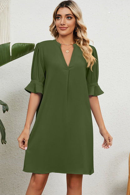Women's Shift Dress - V-Neck - Elbow Sleeve with Ruffle Hem - Casual Loose Fit