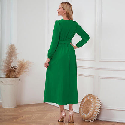 Women's Maxi Dress - V-Neck Button Front - Long Sleeve Tie Waist Flowy Fit
