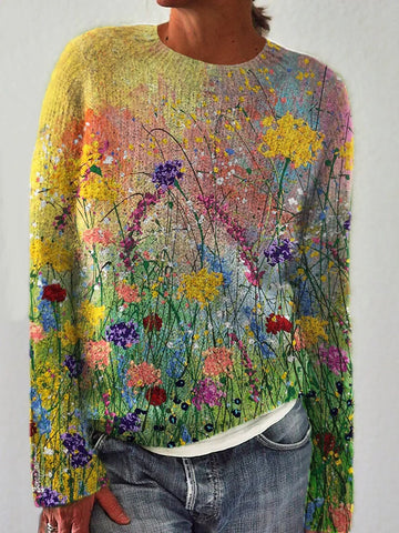 Cozy women's sweater with oil painting of flowers design