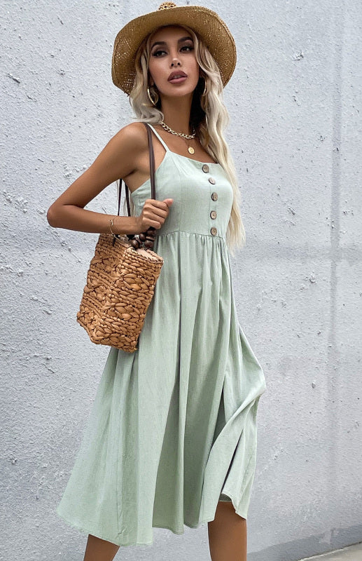 Women's A-Line Midi Dress - Sleeveless Spaghetti Strap - Button-Down Flared Fit