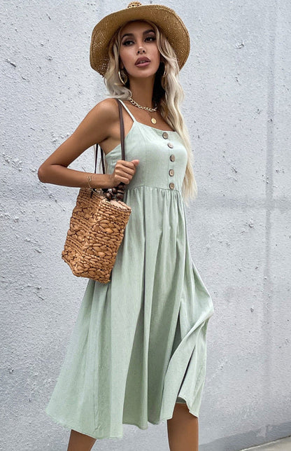 Women's A-Line Midi Dress - Sleeveless Spaghetti Strap - Button-Down Flared Fit
