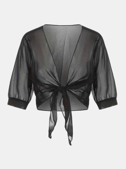 Women's Bolero Jacket - Open Front Tie Closure - Three-Quarter Sleeve Layering Piece