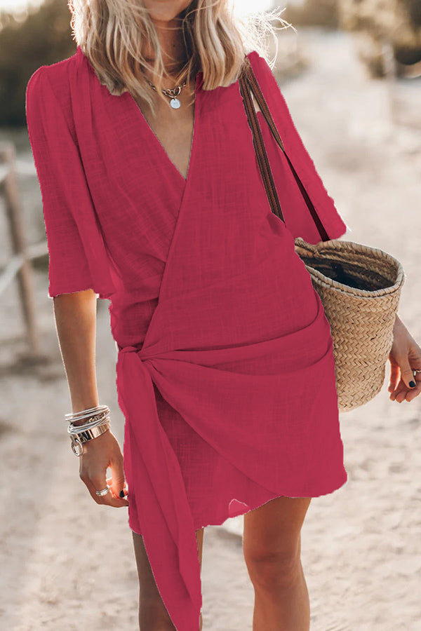 Women's Wrap Dress - V-Neck - Half Sleeve - Adjustable Waist - Lightweight & Breathable