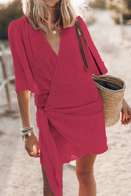 Women's Wrap Dress - V-Neck - Half Sleeve - Adjustable Waist - Lightweight & Breathable