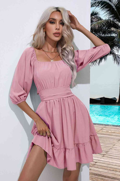 Women's A-Line Dress - Square Neck - 3/4 Sleeve - Ruched Bodice - Tiered Hem