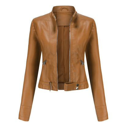 Women's plus size biker jacket with stand-up collar