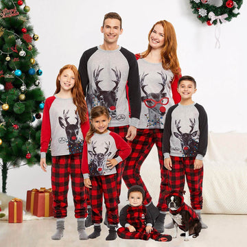 Family matching reindeer pajama set with plaid pants