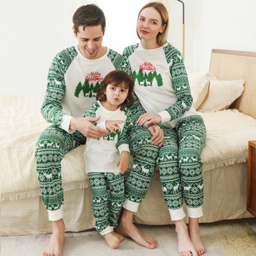 Green and white family matching Christmas pajamas set