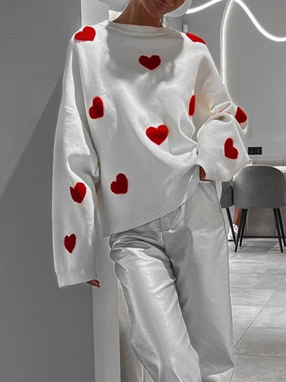 Women’s Knit Sweatshirt – Oversized Fit – Heart Pattern – Long Sleeve Casual Pullover
