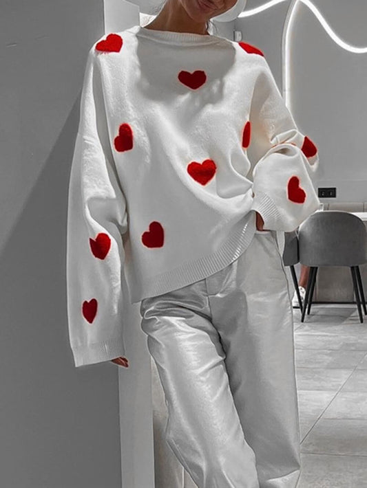 Heart Pattern Oversized Knit Sweatshirt 