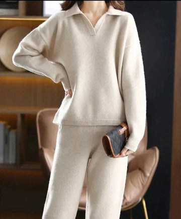 Women's winter thickened loose lapel sweater and wide-leg pants two-piece set