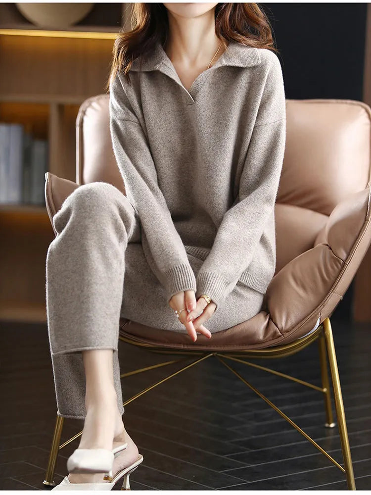 Women's winter thickened loose lapel sweater and wide-leg pants two-piece set