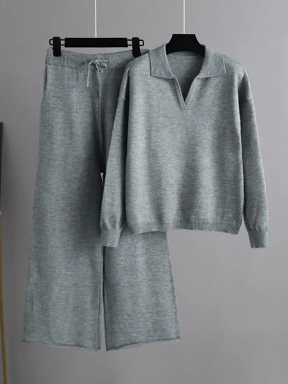 Women's winter thickened loose lapel sweater and wide-leg pants two-piece set