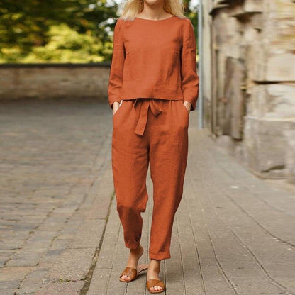 Women's Linen Matching Set - Relaxed Fit - Long Sleeve Top & Straight-Leg Pants