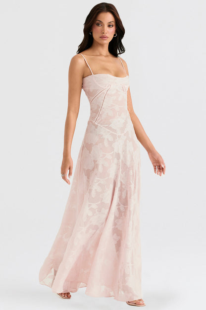 Women's Evening Gown - Floral Sheer Overlay - Spaghetti Straps - Sweetheart Neckline