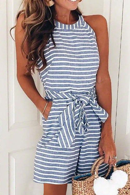 Women's Sleeveless Romper - Halter Neck - Striped Pattern - Tie Waist Casual Wear