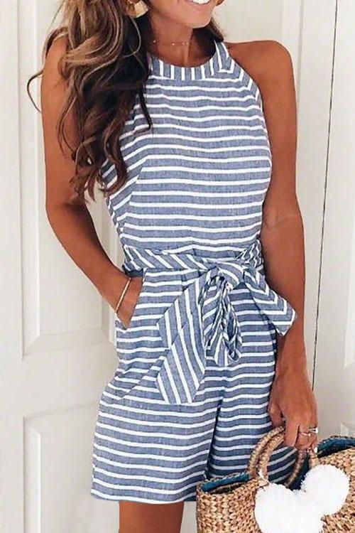 Striped Tie Waist Halter Neck Romper