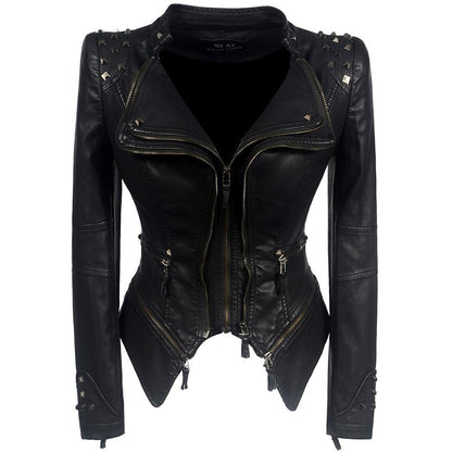 Women’s Biker Jacket – Slim Fit – Leather Look – Studded Shoulders – Zip Sleeves