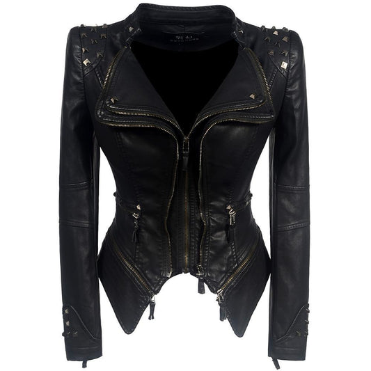 Studded Leather Look Slim Fit Biker Jacket 