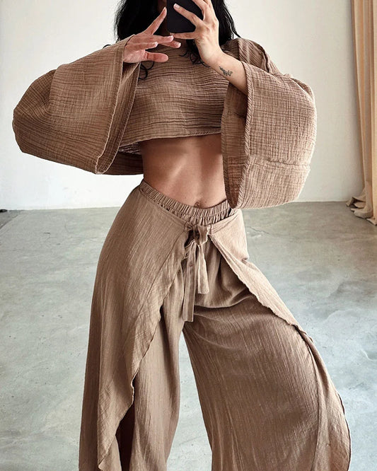 High-Waist Bell Sleeve Two-Piece Set