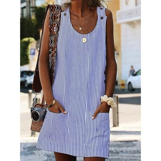 Striped A-Line Sleeveless Dress with Button Detail