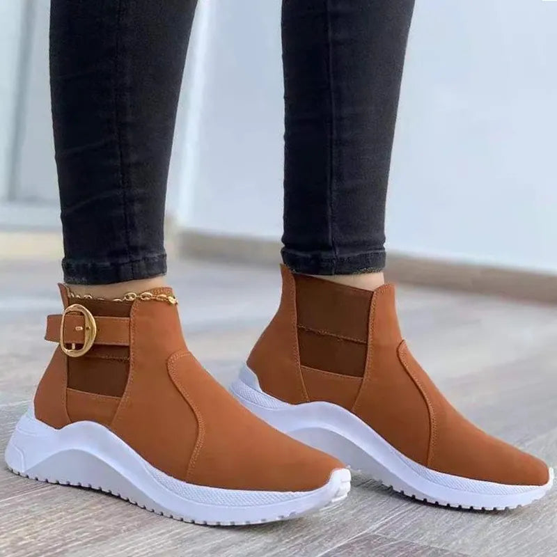 Women's Ankle Boots - Sleek Faux Leather - Platform Sole - Slip-On with Buckle Strap