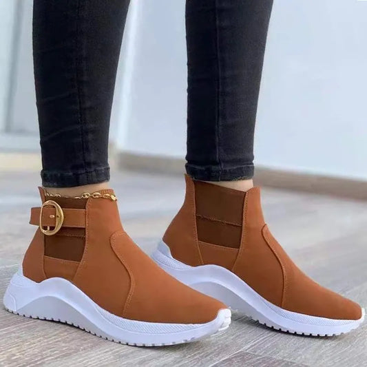 Women's Ankle Boots - Sleek Faux Leather - Platform Sole - Slip-On with Buckle Strap