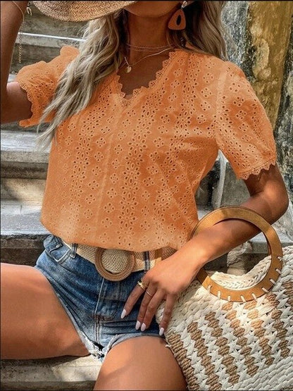 Women's Blouse - Eyelet Lace - V-Neck Scalloped Edge - Short Puffed Sleeves - Relaxed Fit