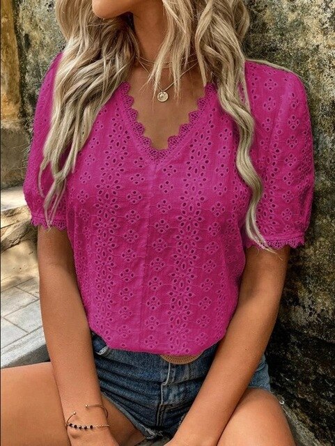 Women's Blouse - Eyelet Lace - V-Neck Scalloped Edge - Short Puffed Sleeves - Relaxed Fit