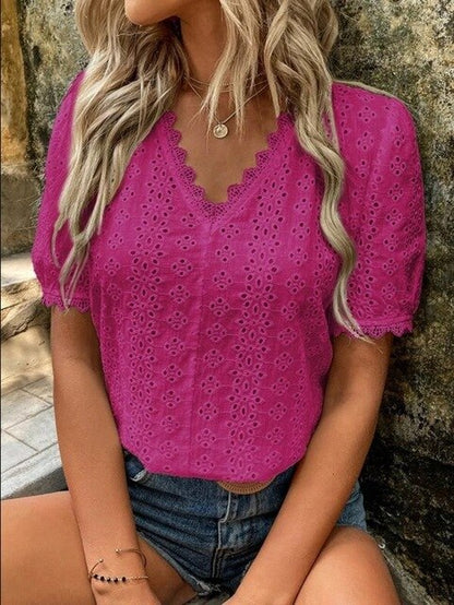 Women's Blouse - Eyelet Lace - V-Neck Scalloped Edge - Short Puffed Sleeves - Relaxed Fit