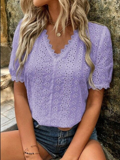 Women's Blouse - Eyelet Lace - V-Neck Scalloped Edge - Short Puffed Sleeves - Relaxed Fit