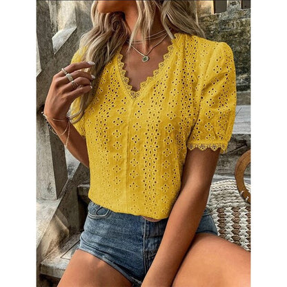 Women's Blouse - Eyelet Lace - V-Neck Scalloped Edge - Short Puffed Sleeves - Relaxed Fit