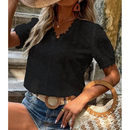 Women's Blouse - Eyelet Lace - V-Neck Scalloped Edge - Short Puffed Sleeves - Relaxed Fit