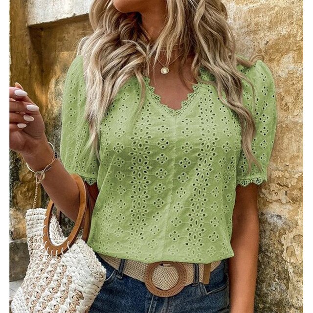 Women's Blouse - Eyelet Lace - V-Neck Scalloped Edge - Short Puffed Sleeves - Relaxed Fit