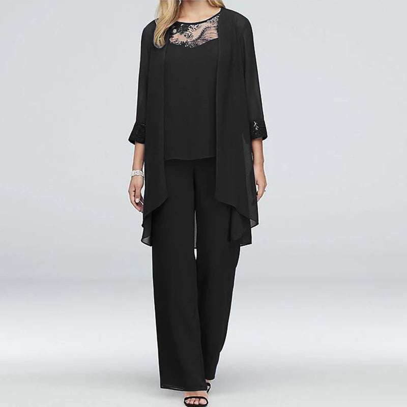 Women's elegant lace chiffon top pants cape three-piece set