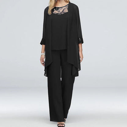 Women's elegant lace chiffon top pants cape three-piece set