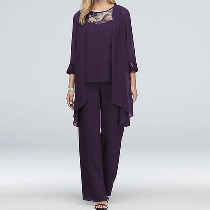 Women's elegant lace chiffon top pants cape three-piece set