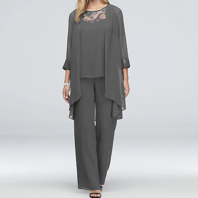 Women's elegant lace chiffon top pants cape three-piece set