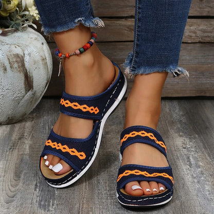 Women's Slip-On Sandals - Woven Fabric Straps - Cushioned Sole - Casual Everyday Wear
