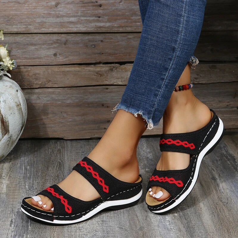 Women's Slip-On Sandals - Woven Fabric Straps - Cushioned Sole - Casual Everyday Wear