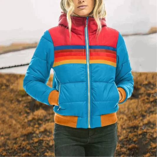 High-Collar Winter Rainbow Pattern Jacket