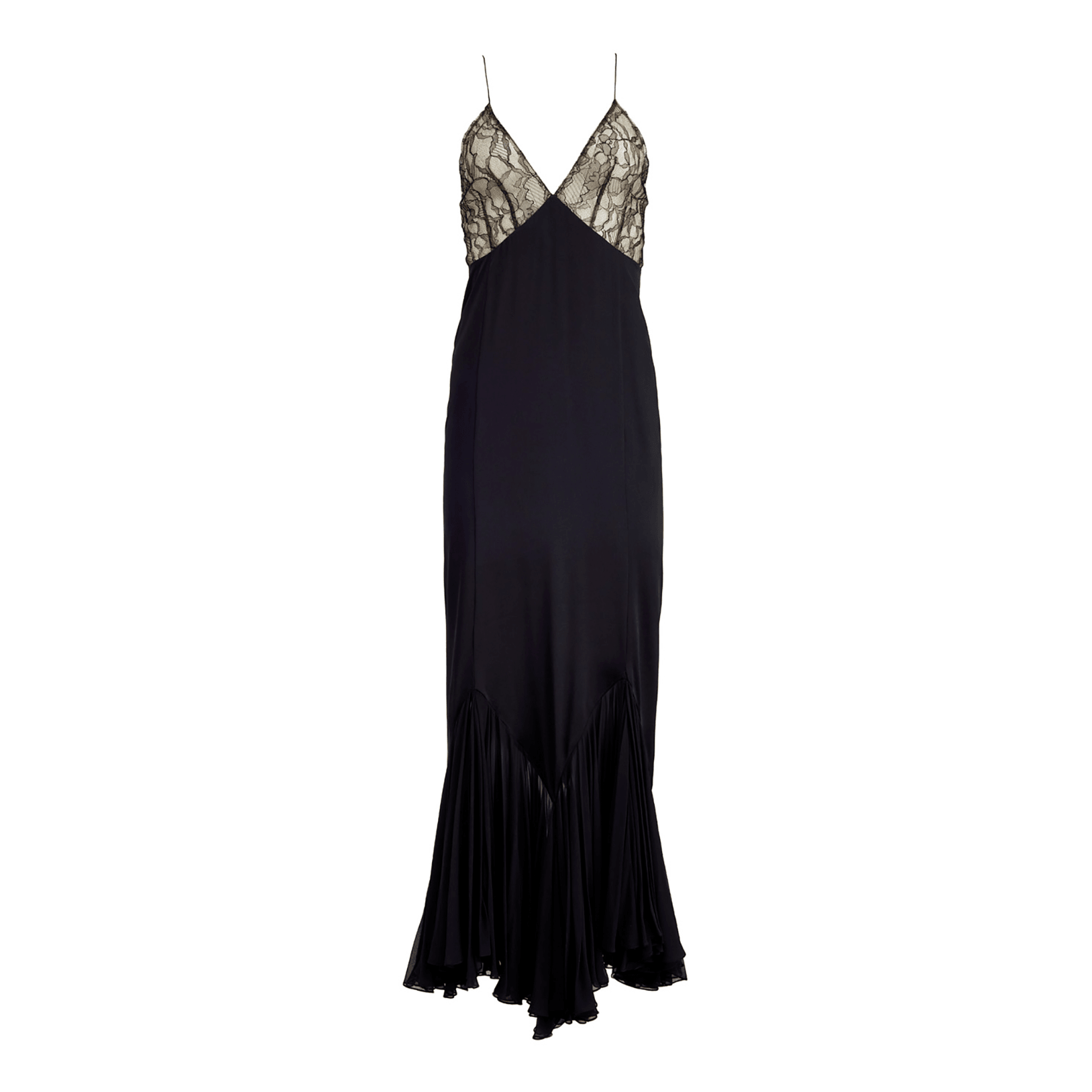 Satin Lace Bodice Deep V-Neck Evening Gown