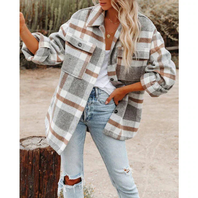 Women’s Plaid Jacket – Wool Blend – Oversized Fit – Button Front – Chest Pockets