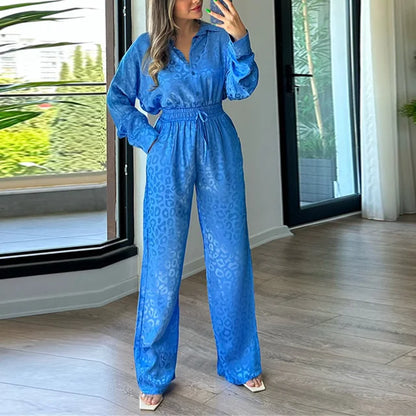 Women’s Jumpsuit - Long Sleeve Relaxed Fit - Cinched Waist - Textured Elegant Design