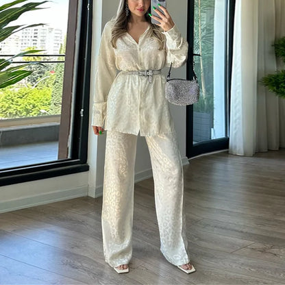 Women’s Jumpsuit - Long Sleeve Relaxed Fit - Cinched Waist - Textured Elegant Design