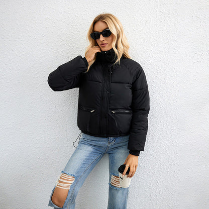 Women's short stand collar zipper puffer jacket
