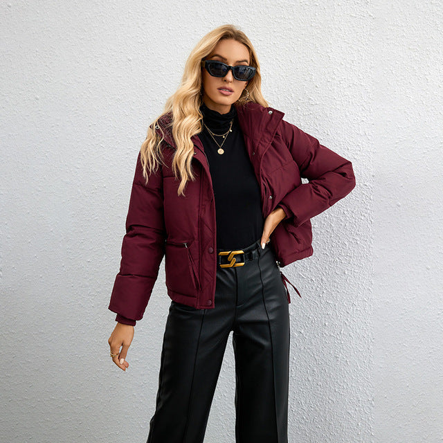 Women's short stand collar zipper puffer jacket