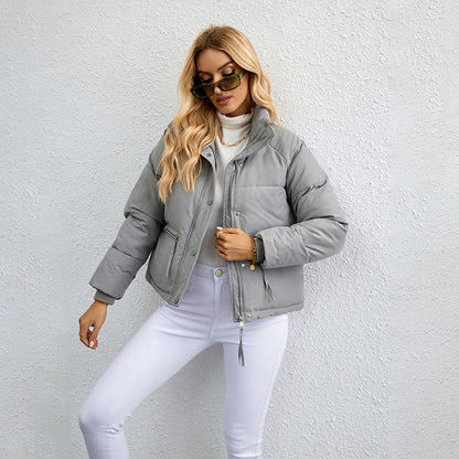 Women's short stand collar zipper puffer jacket