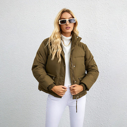 Women's short stand collar zipper puffer jacket
